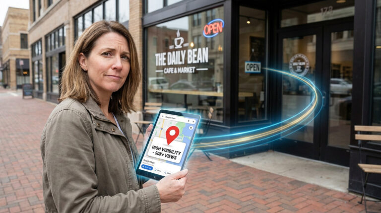 Femme devant un café, tablette affichant une fiche Google Maps très visible (50K+ vues). Des rayons lumineux connectent l'écran au commerce.