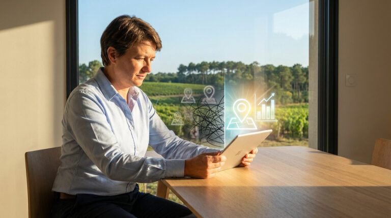Femme optimisant sa fiche Google sur tablette, avec icônes de localisation et croissance, devant un paysage de vignobles.